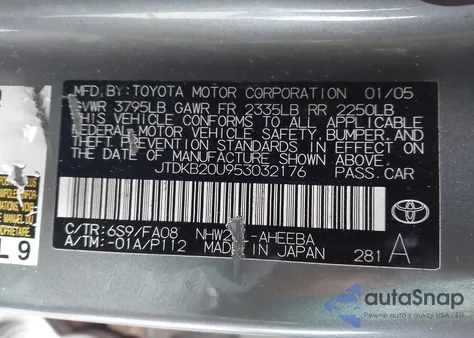 2005 Toyota Prius z USA, uszkodzony, nr VIN JTDKB20U953032176